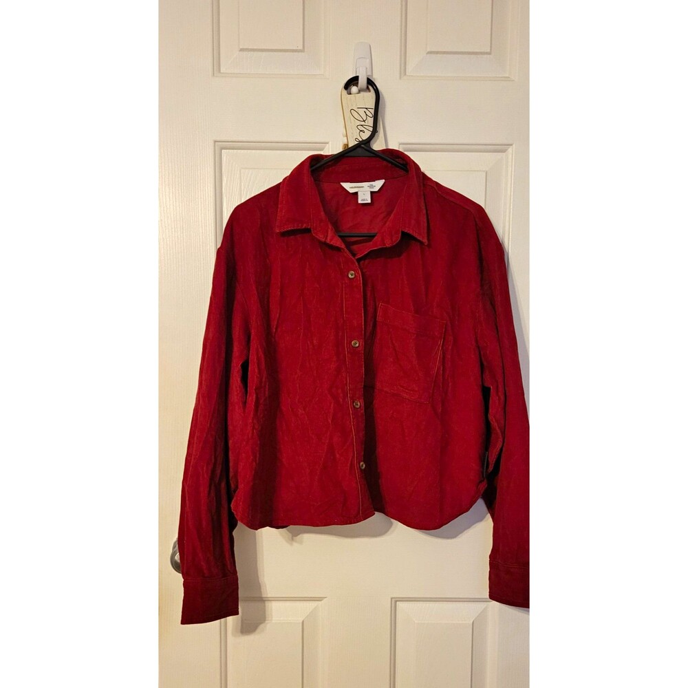 Old Navy Womens L Red Wine Corduroy Button Down Pocket Long Sleeve NWT Collared